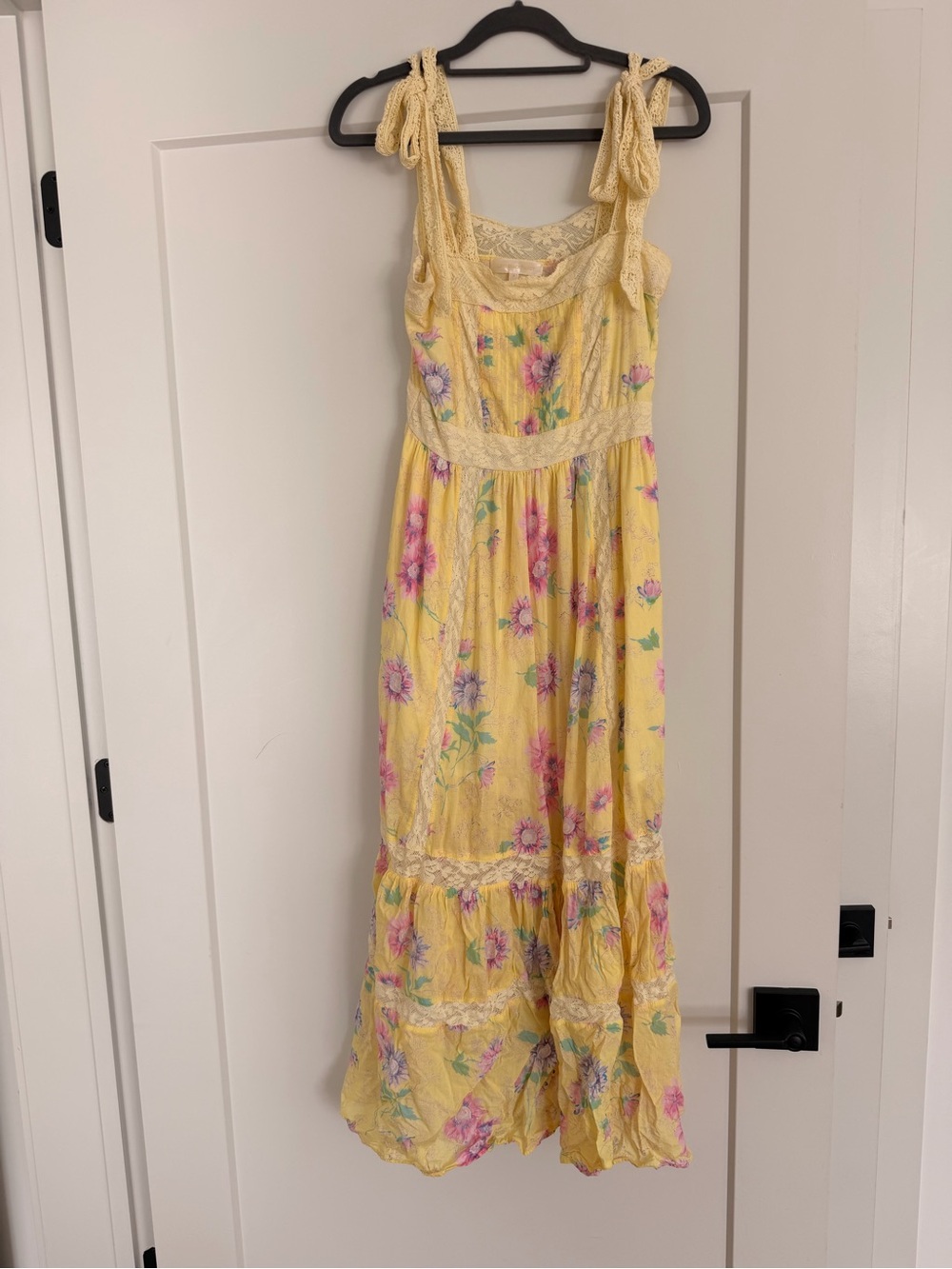 LoveShackFancy Yellow Floral Lace-Trim Midi Dress